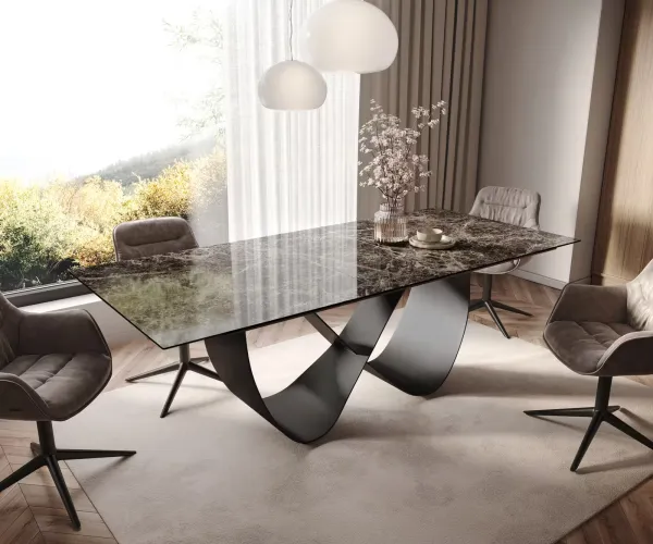 DELIFE Jedálenský stôl Edge 180-220x100 keramika Laminam® Emperador Extra Lucidato tmavohnedá Infinity kov čierna rozkladací