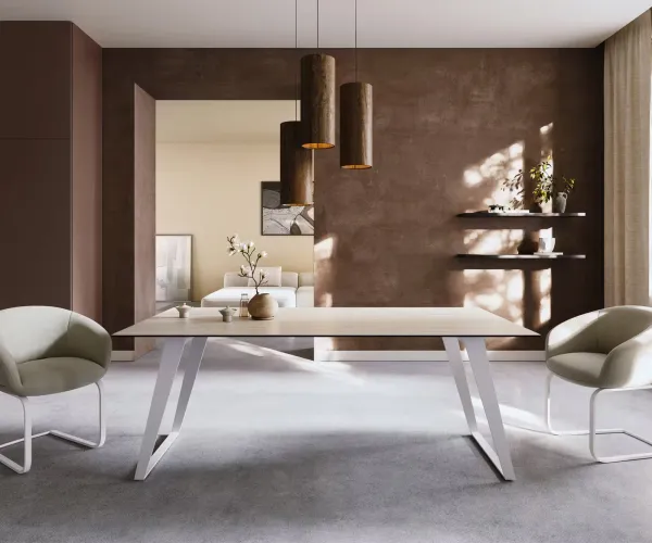 DELIFE Jedálenský stôl Edge 200x100 keramika Laminam® Travertino Bianco krémovo biela kovová šikmá biela