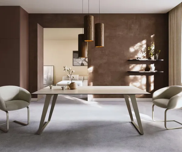 DELIFE Jedálenský stôl Edge 200x100 keramika Laminam® Travertino Bianco krémovo biela kovová skosená Titánová farba