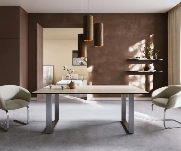 DELIFE Jedálenský stôl Edge 200x100 keramika Laminam® Travertino Bianco krémovo biela nerezová oceľ úzky