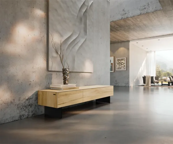 DELIFE TV stolík Cuor 150 cm keramika Laminam® Sabbia dubová farba 1 výklopné dvierka 1 zásuvka podstava závesná kov čierna