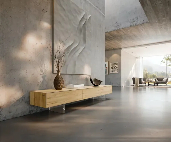 DELIFE TV stolík Cuor 200 cm keramika Laminam® sabbia v dubovej farbe 1 výklopné dvierka 1 zásuvka podstava závesná akrylové sklo