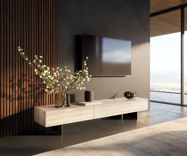 DELIFE TV stolík Cuor 200 cm keramika Laminam® Travertino Bianco krémovo biela 1 výklopné dvierka 1 zásuvka podstava závesná kov čierna