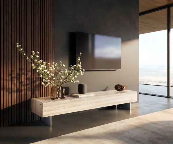 DELIFE TV stolík Cuor 200 cm keramika Laminam® Travertino Bianco krémovo biela 1 výklopné dvierka 1 zásuvka podstava závesná nerezová oceľ