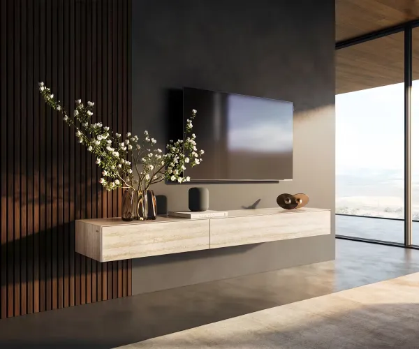 DELIFE TV stolík Cuor 200 cm keramika Laminam® Travertino Bianco krémovo biela 1 výklopné dvierka 1 zásuvka závesné