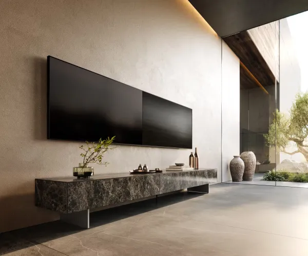 DELIFE TV stolík Cuor 250 cm keramika emperador extra leštený tmavohnedá 1 výklopné dvierka 1 zásuvka podstava závesná nerezová oceľ