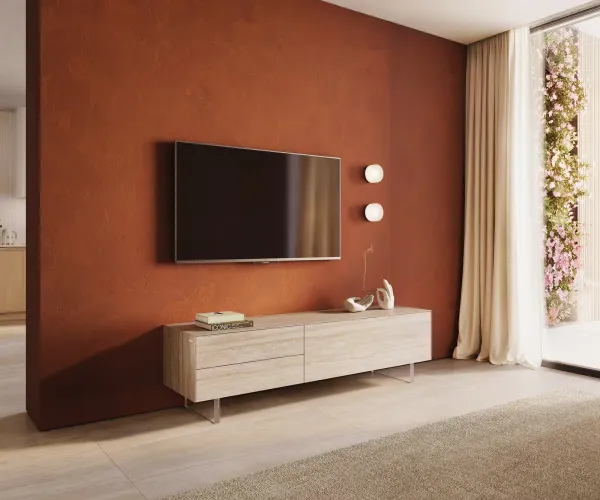 DELIFE TV stolík Cuor 180 cm keramika Laminam® Travertino Bianco krémovo biela 1 výklopné dvierka 2 zásuvky podstava závesná akrylové sklo