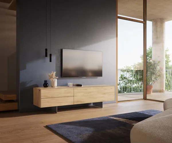 DELIFE TV stolík Cuor 180 cm keramika Laminam® Sabbia dubová farba 1 výklopné dvierka 2 zásuvky podstava závesná nerezová oceľ