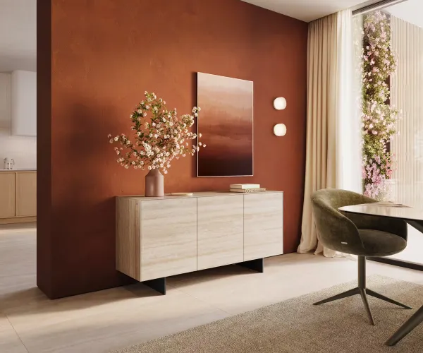 DELIFE Komoda Cuor 150 cm keramika Laminam® Travertino Bianco krémovo biela 3 dvierka podstava závesná kov čierna