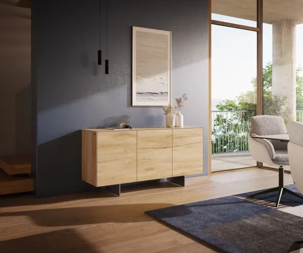 DELIFE Komoda Cuor 150 cm keramika Laminam® sabbia dubová farba 3 dvierka podstava závesná nerezová oceľ