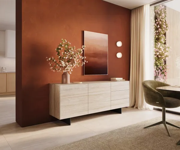 DELIFE Komoda Cuor 180 cm keramika Laminam® Travertino Bianco krémovo biela 2 dvierka 3 zásuvky podstava závesná kov čierna
