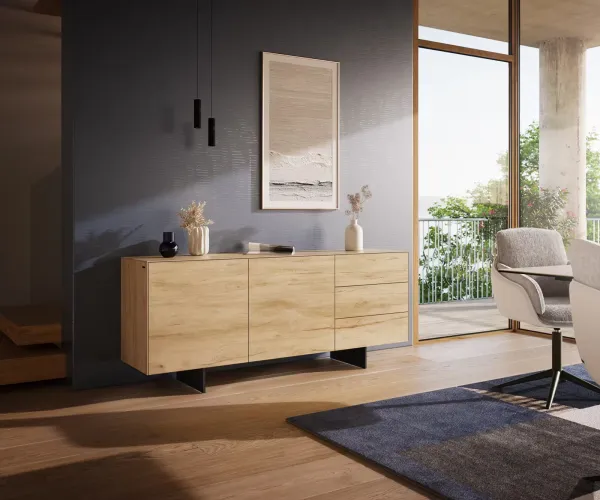 DELIFE Komoda Cuor 180 cm keramika Laminam® sabbia dubová farba 2 dvierka 3 zásuvky podstava závesná kov čierna