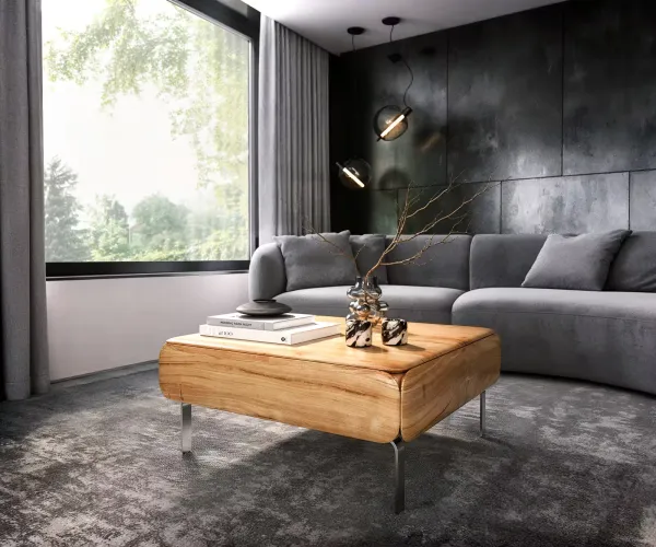 DELIFE Konferenčný stolík Shavani 90x90 cm akácia prírodná 2 dvierka podstava v tvare L nerezová oceľ strieborná