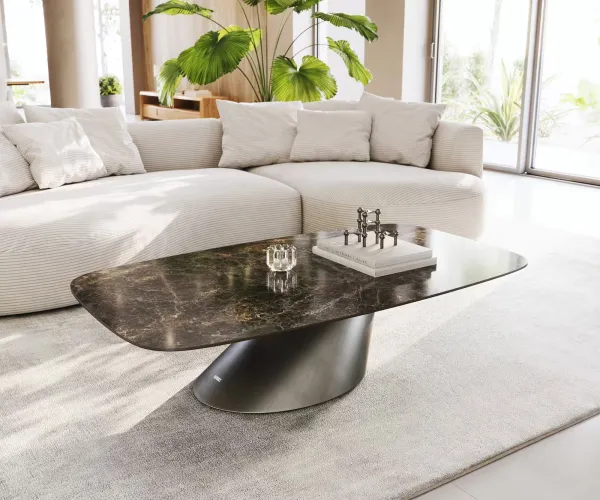 DELIFE Konferenčný stolík Edge zaoblený 140x80 cm keramika Laminam® Emperador Extra Lucidato tmavohnedá Conis metalická strieborná