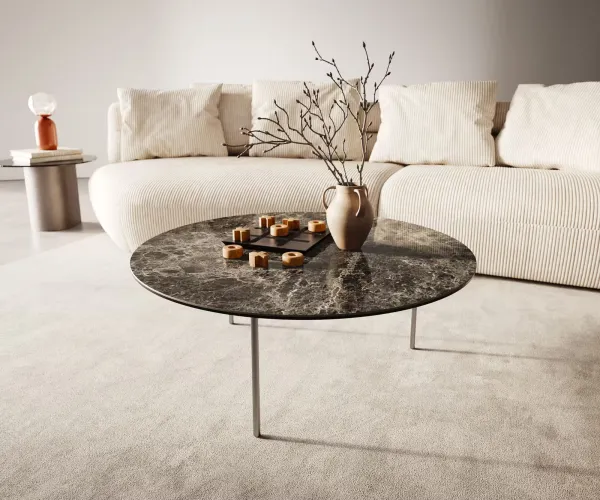DELIFE Konferenčný stolík Edge okrúhly 90x90 cm keramika Laminam® Emperador Extra Lucidato tmavohnedá Trive nerezová oceľ kefovaná