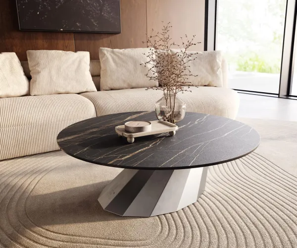DELIFE Konferenčný stolík Edge okrúhly 100x100 cm keramika Laminam® Noir Desir hnedá Parabi nerezová oceľ kefovaná