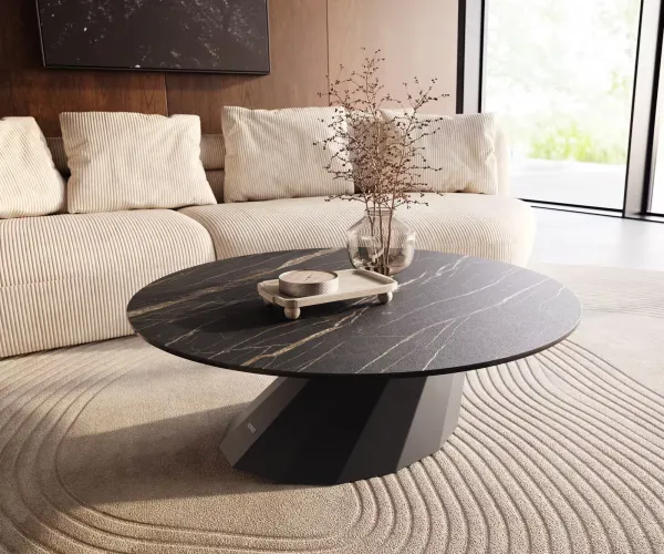 DELIFE Konferenčný stolík Edge okrúhly 100x100 cm keramika Laminam® Noir Desir hnedá Parabi kov čierna