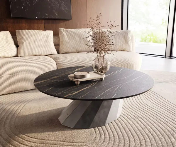 DELIFE Konferenčný stolík Edge okrúhly 100x100 cm keramika Laminam® Noir Desir hnedá Parabi metalická strieborná