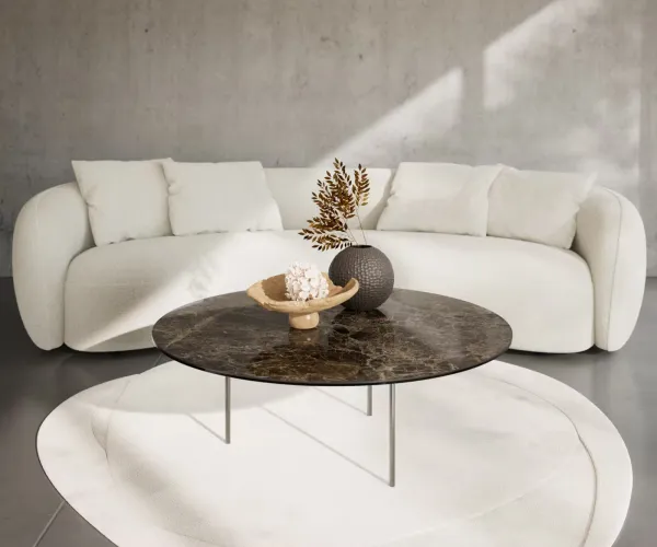 DELIFE Konferenčný stolík Edge okrúhly 100x100 cm keramika Laminam® Emperador Extra Lucidato tmavohnedá Trive nerezová oceľ kefovaná