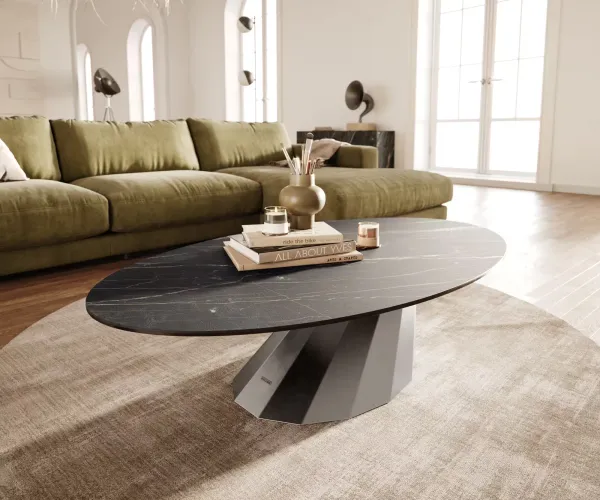 DELIFE Konferenčný stolík Edge oválny 140x80 cm keramika Laminam® Noir Desir hnedá Parabi nerezová oceľ kefovaná