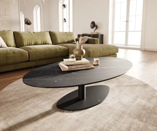 DELIFE Konferenčný stolík Edge oválny 140x80 cm keramika Laminam® Noir Desir hnedá Vibany kov čierna