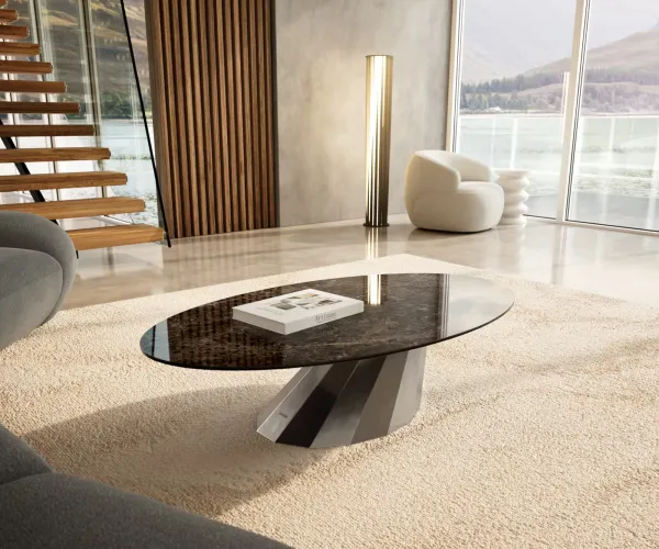 DELIFE Konferenčný stolík Edge oválny 140x80 cm keramika Laminam® Emperador Extra Lucidato tmavohnedá Parabi nerezová oceľ kefovaná
