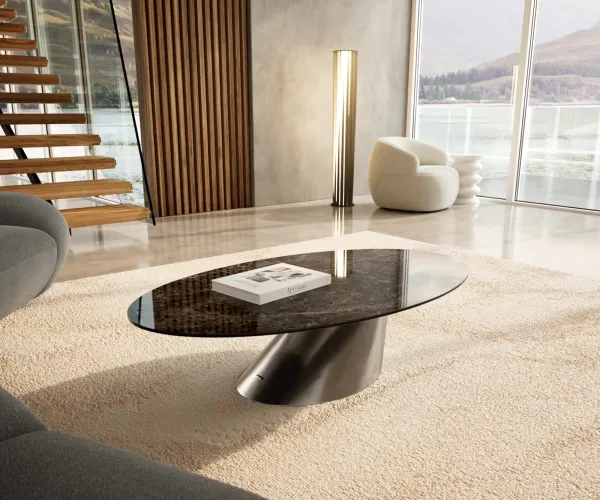 DELIFE Konferenčný stolík Edge oválny 140x80 cm keramika Laminam® Emperador Extra Lucidato tmavohnedá Conis nerezová oceľ kefovaná