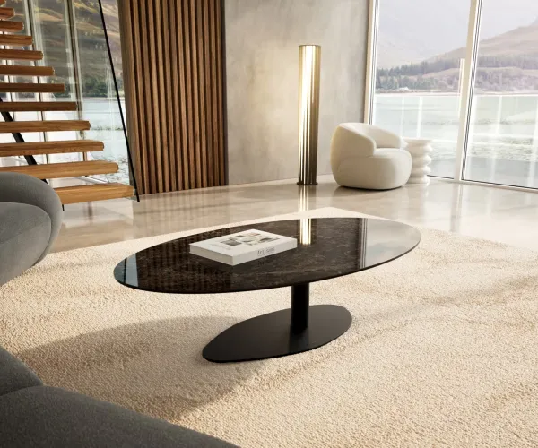 DELIFE Konferenčný stolík Edge oválny 140x80 cm keramika Laminam® Emperador Extra Lucidato tmavohnedá Vibany kov čierna