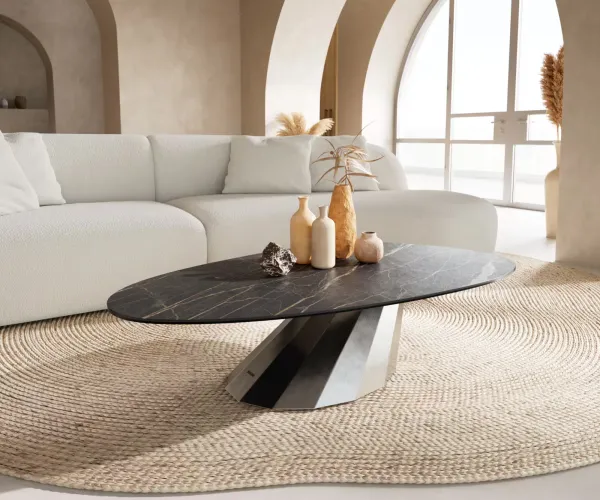 DELIFE Konferenčný stolík Edge oválny 140x75 cm keramika Laminam® Noir Desir hnedá Parabi nerezová oceľ kefovaná