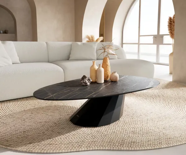 DELIFE Konferenčný stolík Edge oválny 140x75 cm keramika Laminam® Noir Desir hnedá Parabi kov čierna