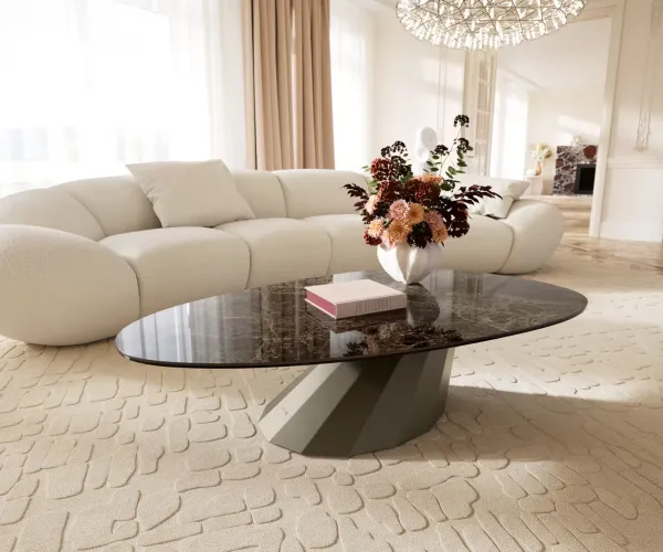 DELIFE Konferenčný stolík Edge oválny 140x75 cm keramika Laminam® Emperador Extra Lucidato tmavohnedá Parabi kov efektový povrch titán