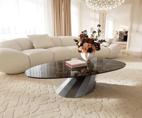DELIFE Konferenčný stolík Edge oválny 140x75 cm keramika Laminam® Emperador Extra Lucidato tmavohnedá Parabi metalická strieborná