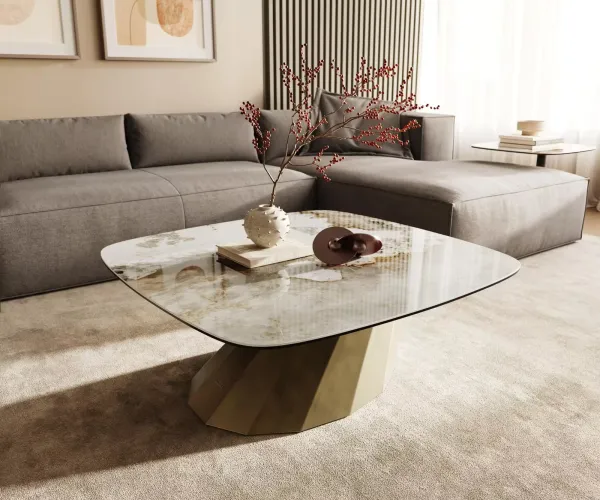 DELIFE Konferenčný stolík Edge zaoblený 90x90 cm keramika Minas Melange Parabi metalická zlatá
