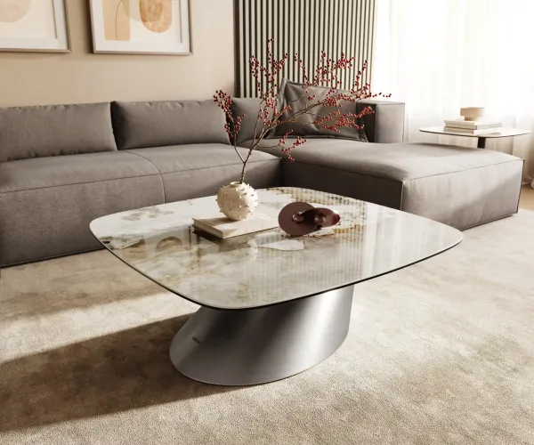 DELIFE Konferenčný stolík Edge zaoblený 90x90 cm keramika Minas Melange Conis nerezová oceľ kefovaná