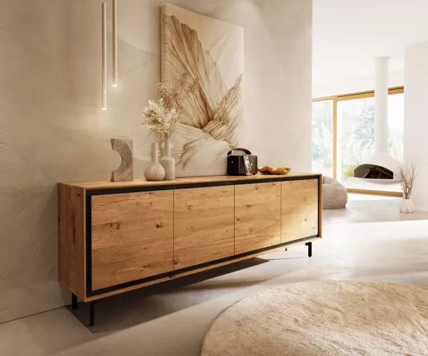 DELIFE Komoda Stonegrace 200 cm dub prírodná 4 dvierka podstava oválna kov čierna