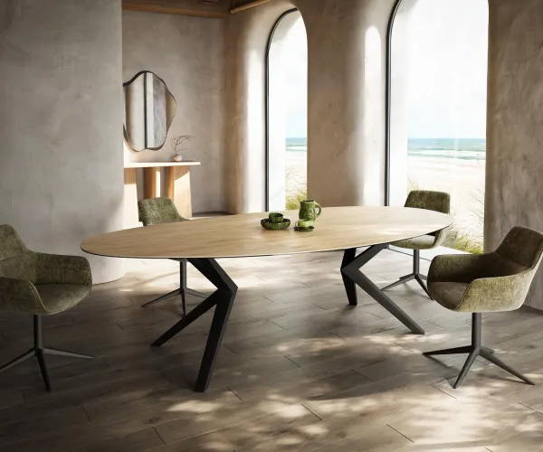 DELIFE Jedálenský stôl Edge oválny 280x130 keramika Laminam® sabbia dubová farba Zenthara hranatý kov čierna