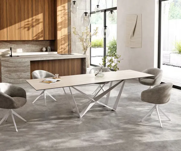 DELIFE Jedálenský stôl Edge 300x100 keramika Laminam® Travertino Bianco krémovo biela Spider kov biela