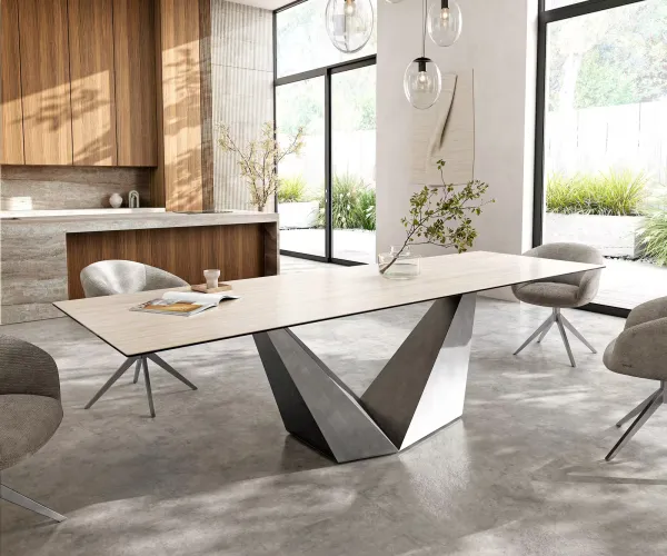 DELIFE Jedálenský stôl Edge 300x100 keramika Laminam® Travertino Bianco krémovo bielo prisma metalická strieborná