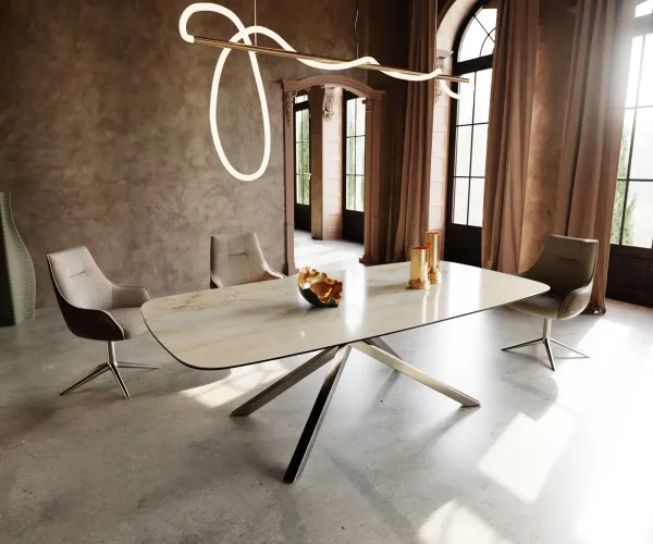 DELIFE Jedálenský stôl Edge zaoblený 240x120 cm keramika Iris FMG Onice Oro krížová podstava hranatý nerezová oceľ