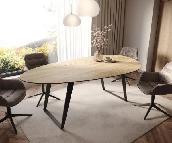 DELIFE Jedálenský stôl Edge oválny 220x120 cm keramika Laminam® sabbia dubová farba kov šikmý čierna