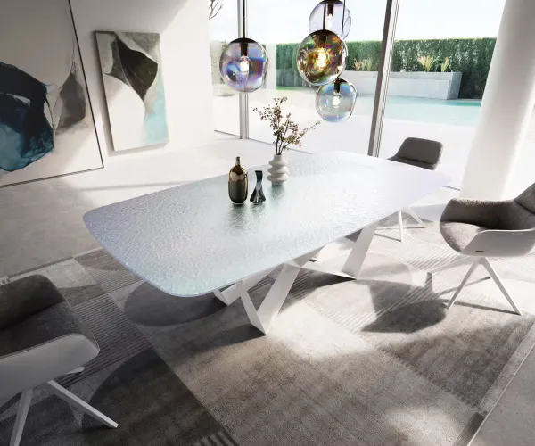 DELIFE Jedálenský stôl Edge zaoblený tvar 240x120 cm reliéfne sklo perleťová 3D dizajn Spider kov biela