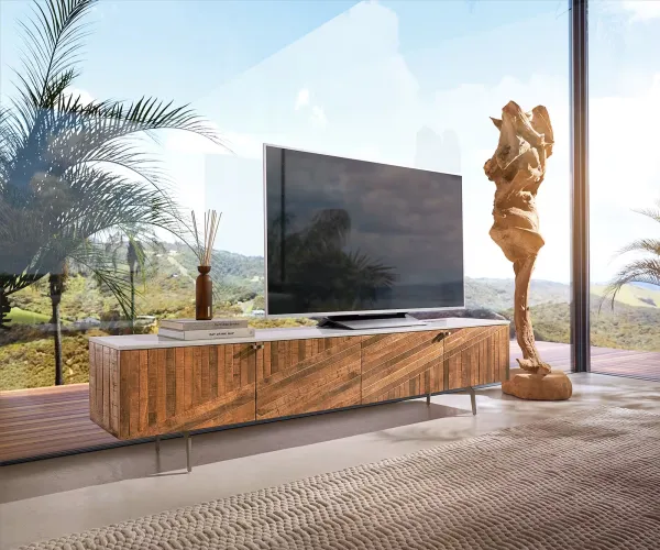 DELIFE TV stolík Bahan 200 cm mango teak 4 dvierka mramorová doska biela podstava v tvare L nerezová oceľ