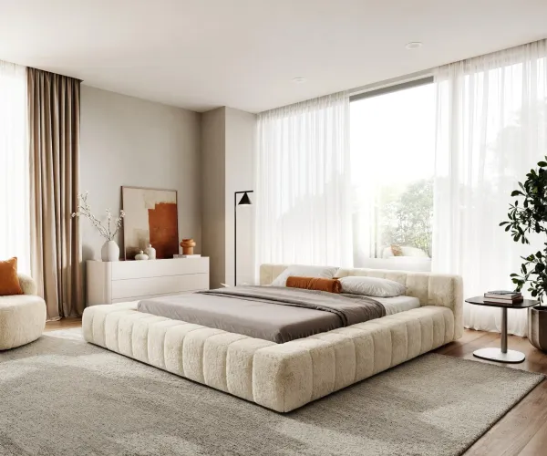 DELIFE Čalúnená posteľ Espazio 180x200 cm plyšový manšester krémovo biela