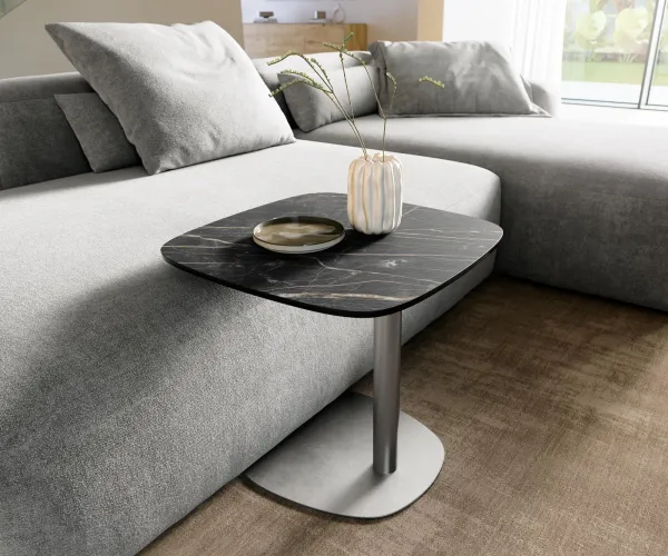 DELIFE Konferenčný stolík Edge zaoblený 50x50 cm keramika Laminam® Noir Desir hnedá Eleny nerezová oceľ kefovaná