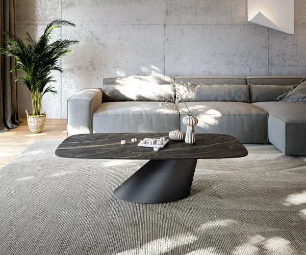 DELIFE Konferenčný stolík Edge zaoblený 140x80 cm keramika Laminam® Noir Desir hnedá Conis kov čierna