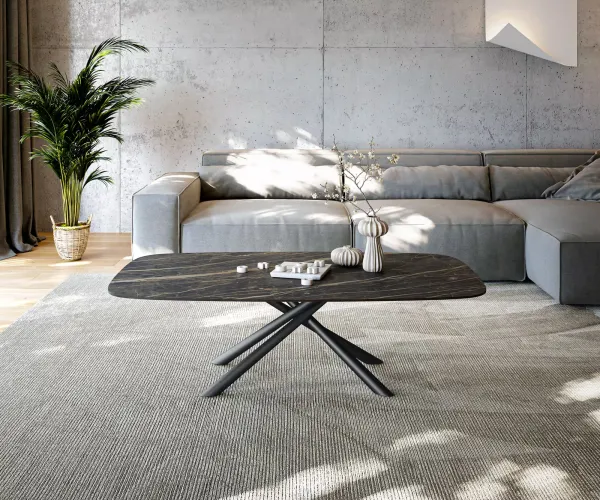 DELIFE Konferenčný stolík Edge zaoblený tvar 140x80 cm keramika Laminam® Noir Desir hnedá Sarity kov čierna