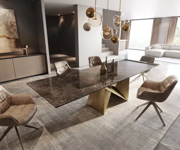 DELIFE Jedálenský stôl Edge 300x100 keramika Laminam® Emperador Extra Lucidato tmavohnedá Origami metalická zlatá