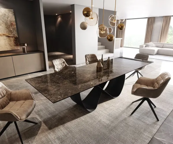 DELIFE Jedálenský stôl Edge 200-300x100 keramika Laminam® Emperador Extra Lucidato tmavohnedá Infinity kov čierna rozkladací