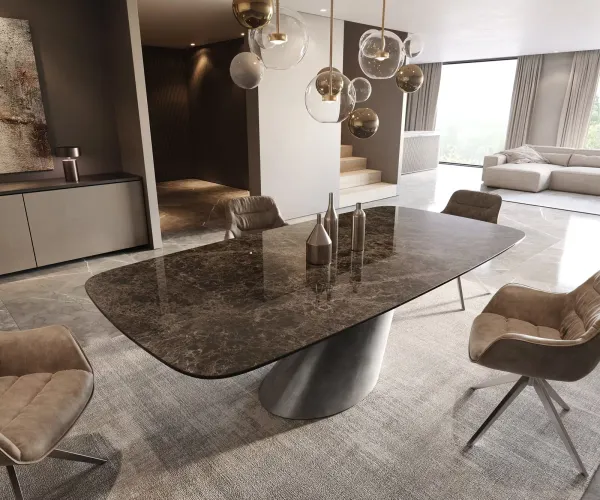 DELIFE Jedálenský stôl Edge zaoblený tvar 240x120 keramika Laminam® Emperador Extra Lucidato tmavohnedá kužeľ metalická strieborná