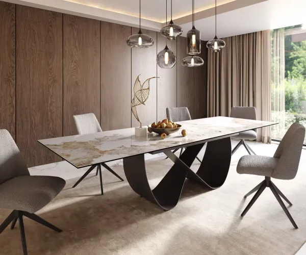 DELIFE Jedálenský stôl Edge 200-300x100 cm keramika Minas Melange bielo-béžová Infinity kov čierny rozkladací